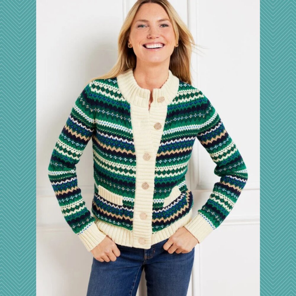 Talbots Chunky Metallic Knit Button Front Mockneck Cardigan
